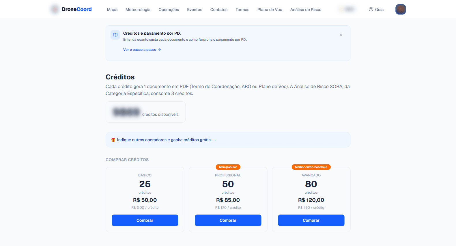Os três pacotes de créditos disponíveis.