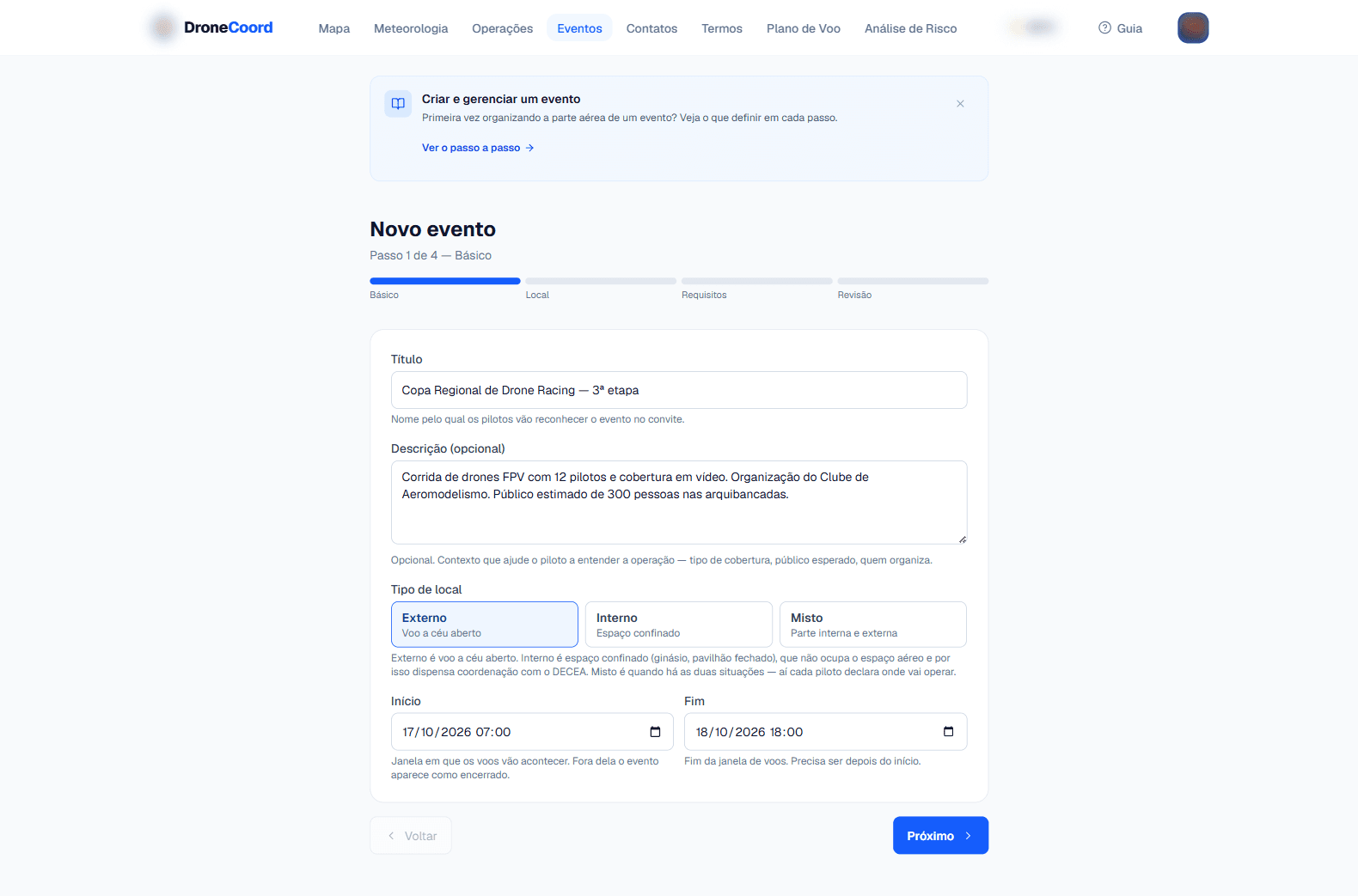 Passo 1 do assistente: título, descrição, tipo de local e janela de datas.