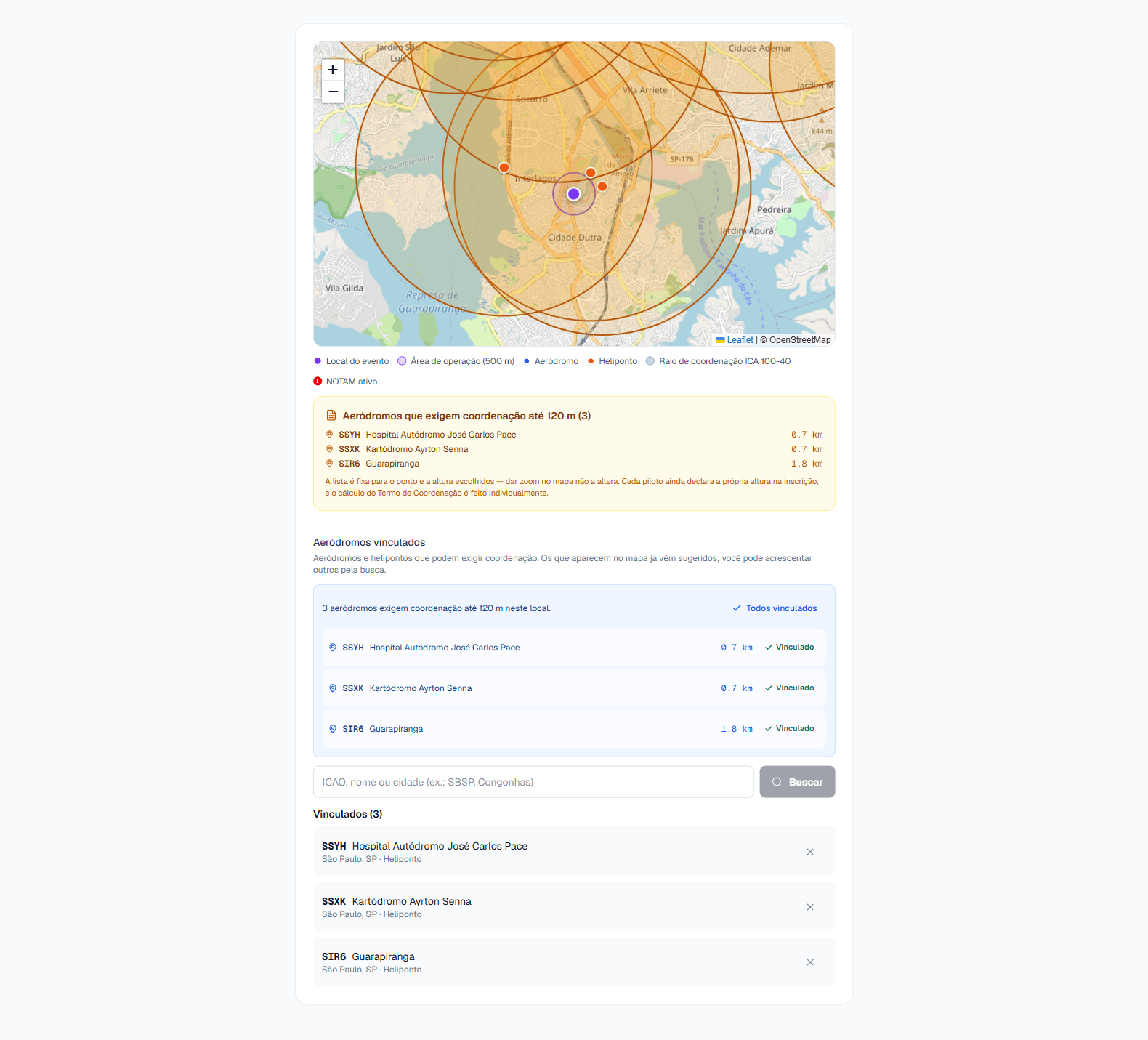 Mapa do local com os raios de coordenação e a lista de aeródromos sugeridos, prontos para vincular.