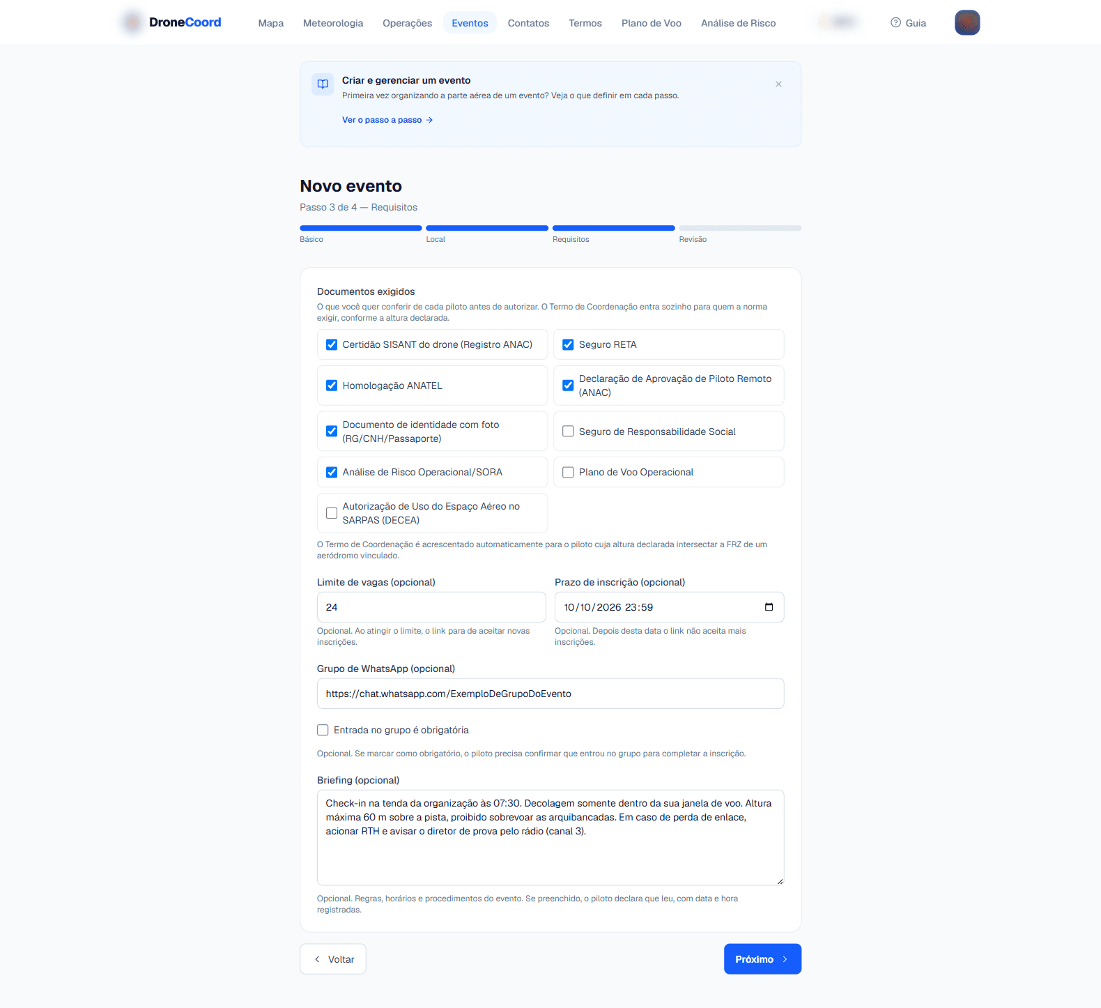 Passo 3: documentos exigidos, limite de vagas, prazo, grupo de WhatsApp e briefing.