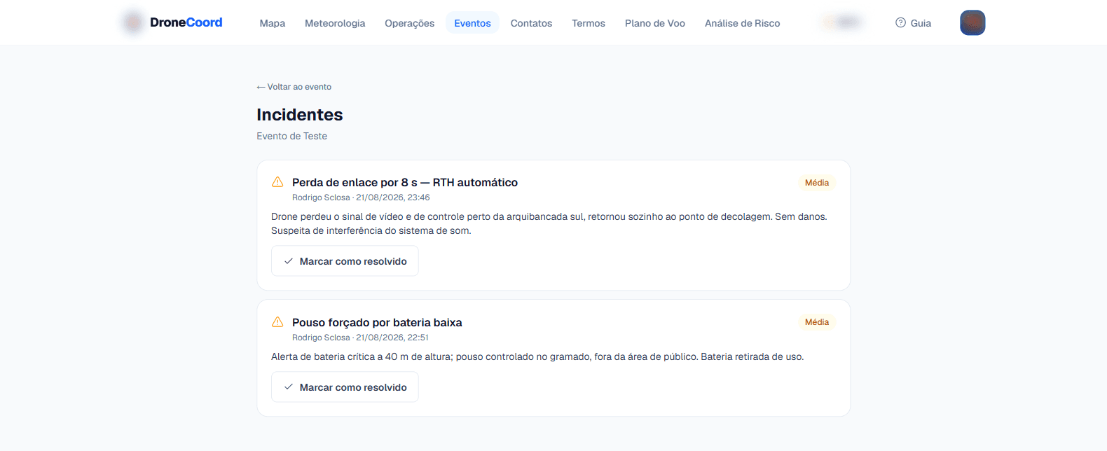 Lista de incidentes do evento, com gravidade e botão para marcar como resolvido.