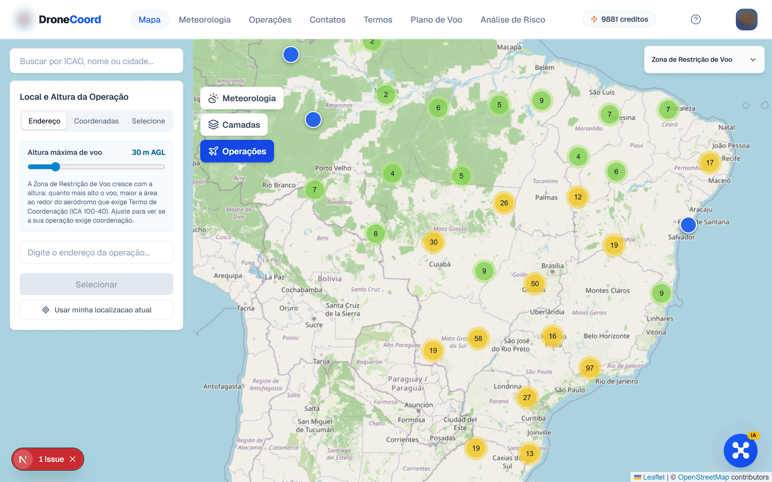 Mapa do Brasil com os aeródromos marcados e o painel lateral de detalhes.