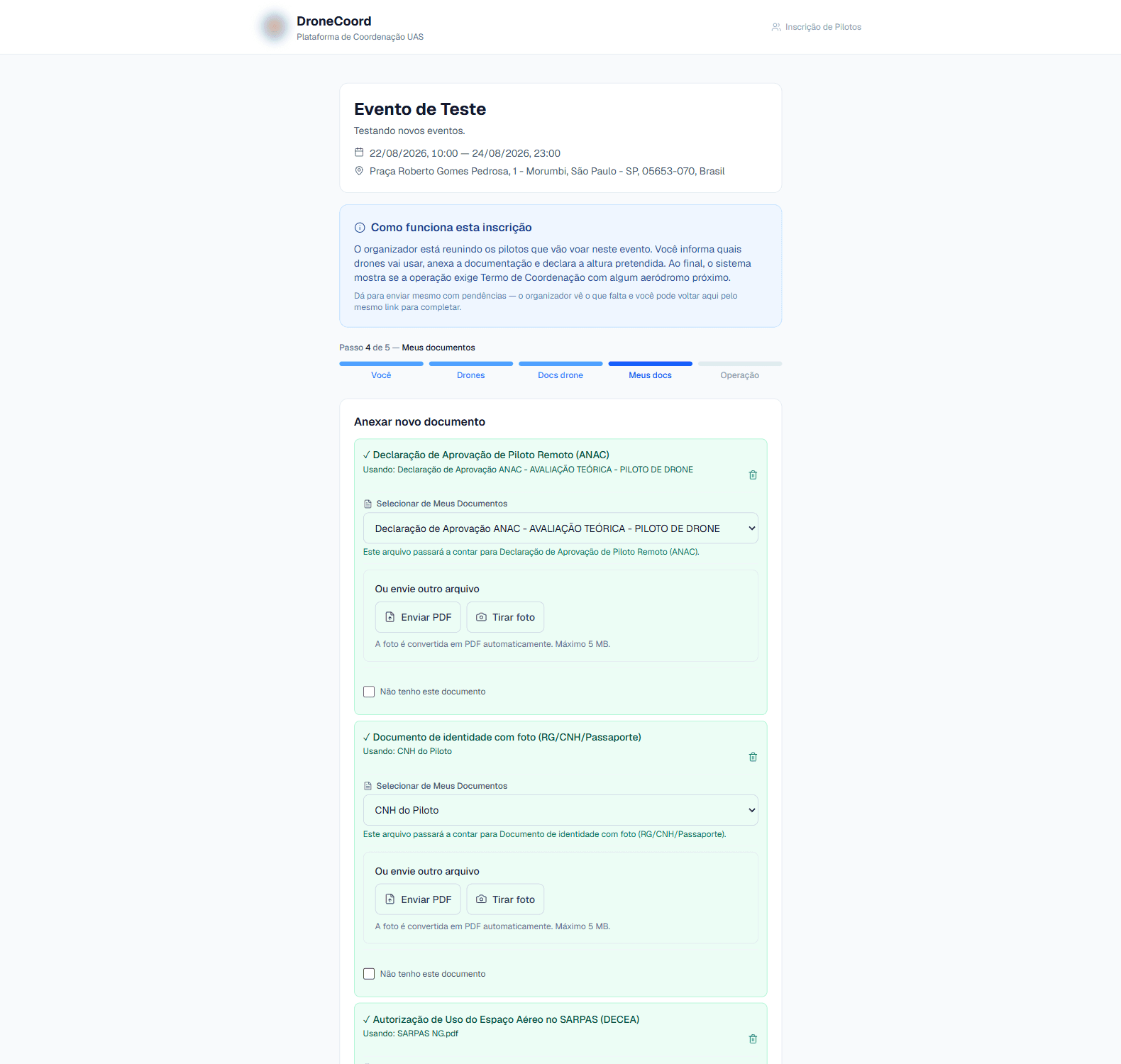 Passo 4: documentos do operador, com a opção de escolher um arquivo já salvo em Meus Documentos.