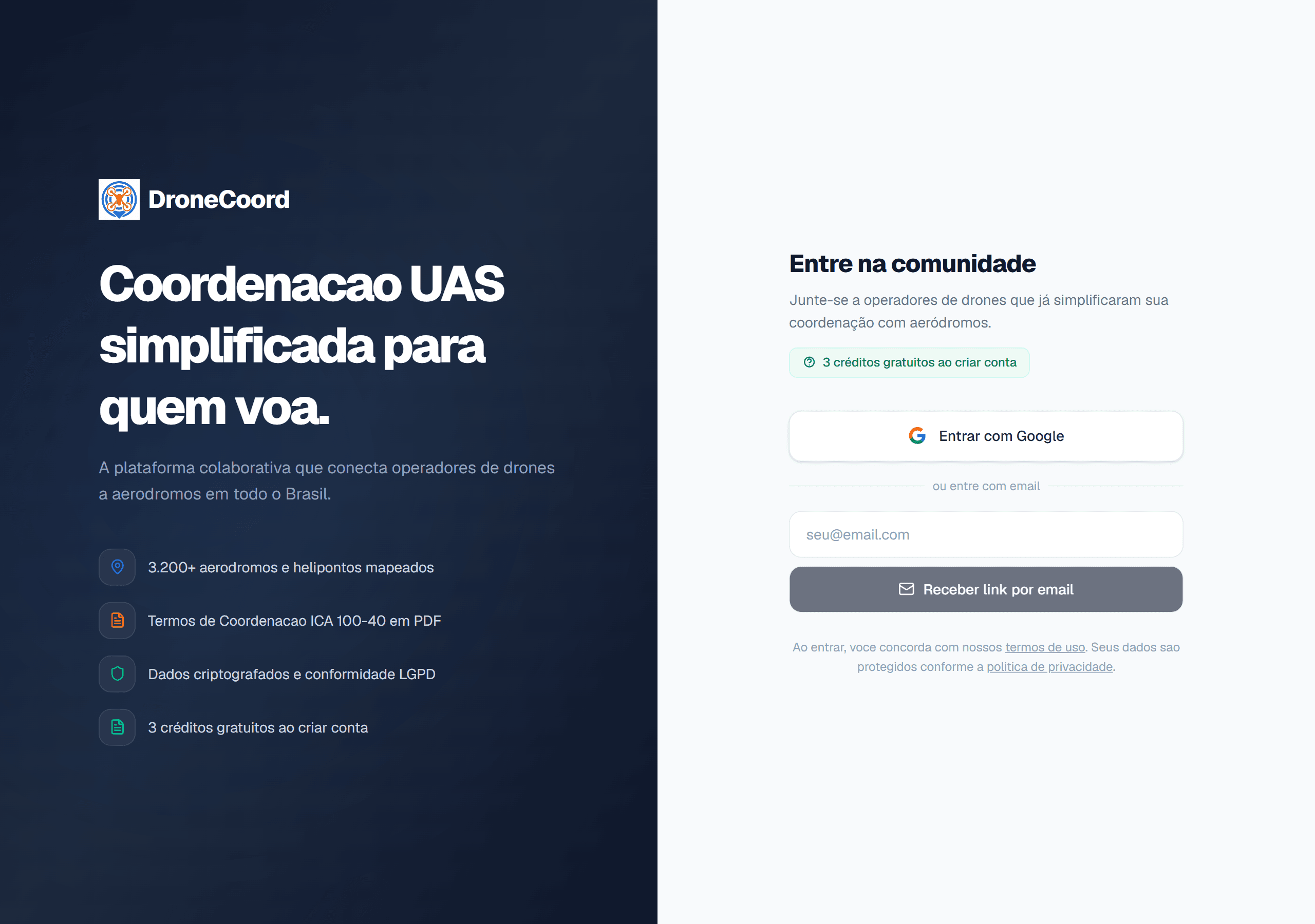 Tela de login com as duas opções de entrada.